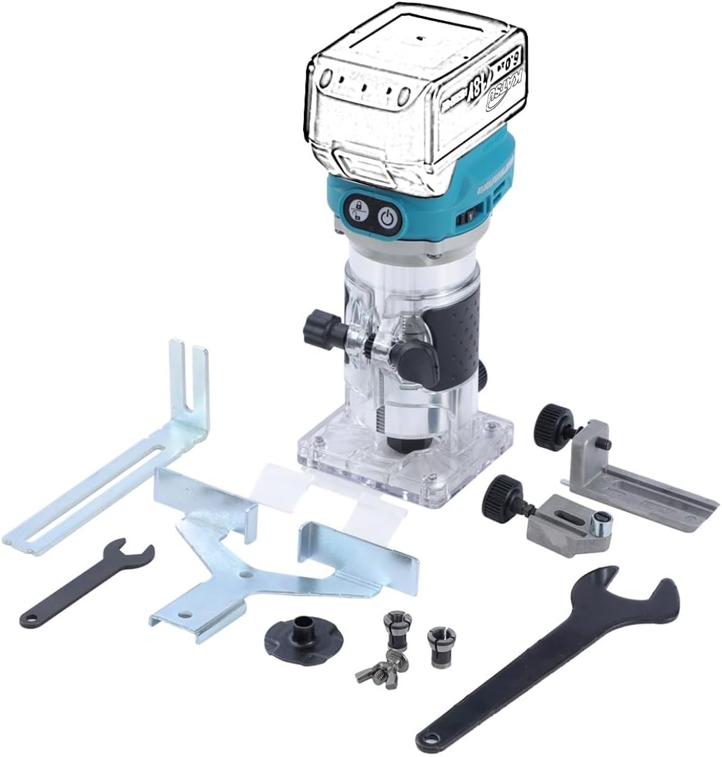 KATSU FIT-BAT 18V/21V Brushless Akku-Oberfräse Holzfräse Kantenfräse mit Trimmer-Basis, 3 Spannzange