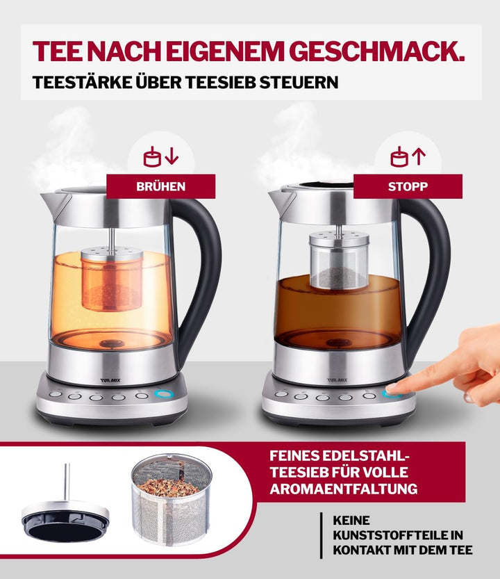 TURMIX 2in1 Teekocher elektrisch mit Wasserkocher Glas 2200W 1,5L Silber, Temperatureinstellung 70–1