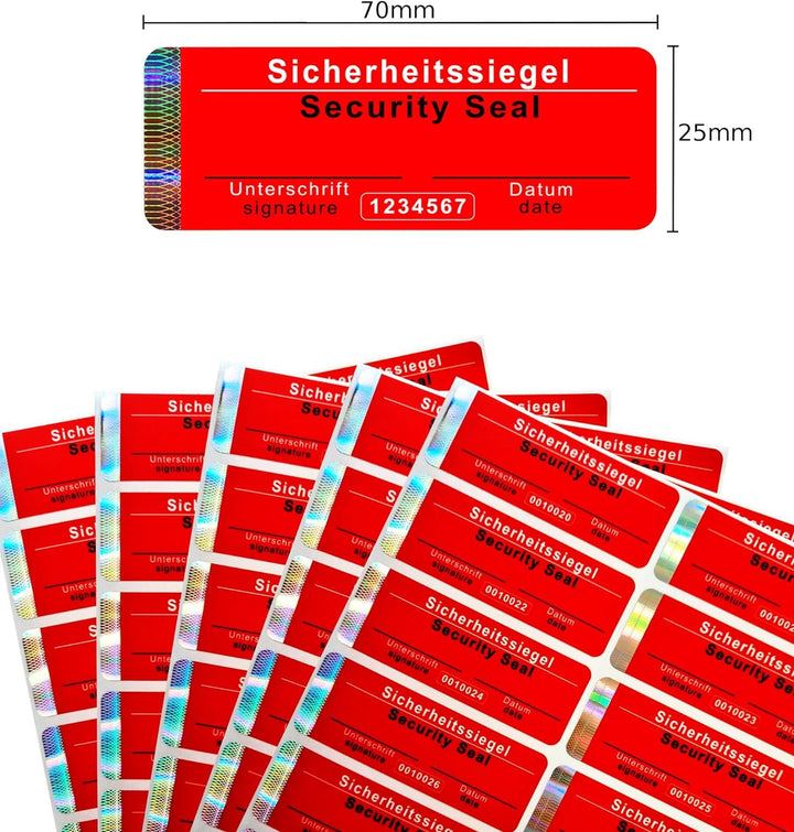 250 Stk - Sicherheits-Siegel mit Seriennummer - 70x25mm rot, beschreibbar - Sicherheitssiegel, Quali