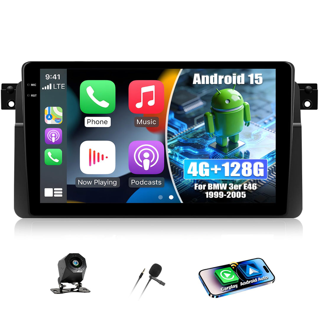 CAMECHO 4+128G 9 Zoll Android 15 Navi Autoradio für BMW 3er E46 1999-2005, E46 Radio Bluetooth mit G
