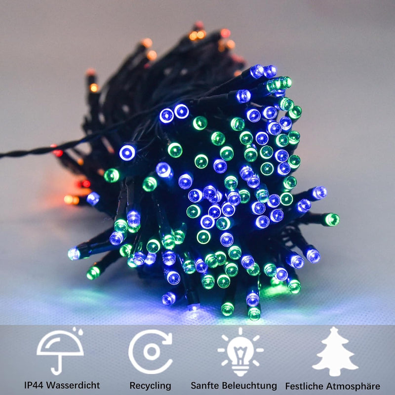 LED Lichterkette Aussen Innen, 10M 100 LED Bunt Weihnachtsbeleuchtung mit Stecker und Timer, 8 Modi