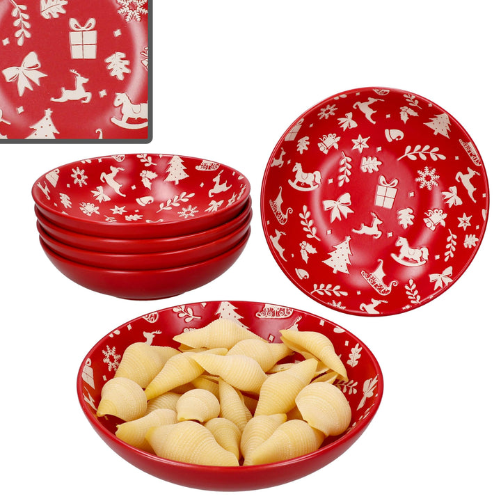 MamboCat 6er Set Advent Suppenteller I 480ml I winterliche Tiefe Teller aus Steingut in Rot mit Weih