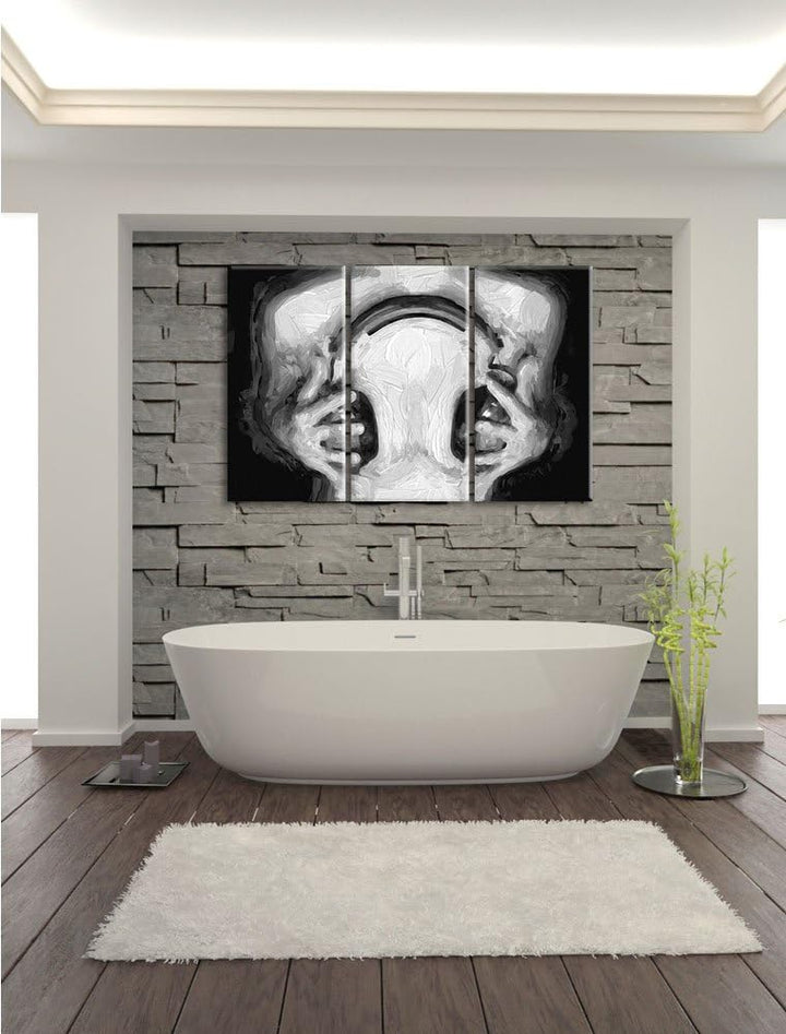 Pixxprint Sexy Girl mit Kopfhörer Pinsel Effekt 3-Teiler Leinwandbild 120x80 Bild auf Leinwand