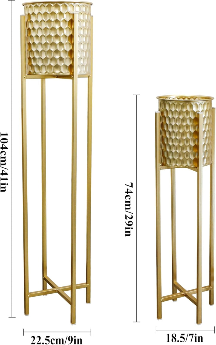 TRIROCKS Set von 2 hohen Pflanzgefässen mit Ständer Innen Aussen Metall Gold Pflanzgefässe für Pflan