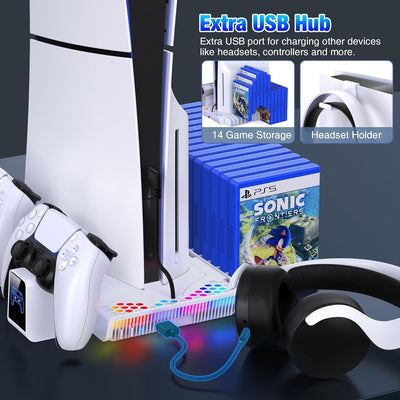 Elegamefy PS5 Standfuss für PS5/PS5 Slim Disc & Digital Konsole, Vertical Ständer mit Kühler Lüfter,