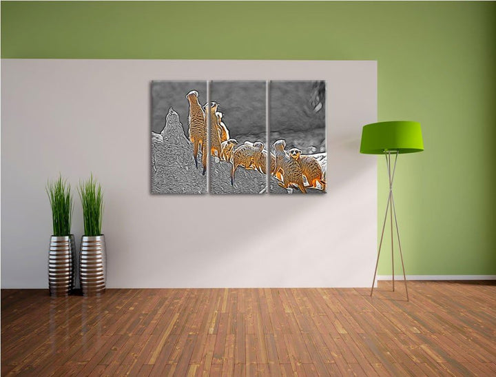 grosse liebevolle Erdmännchenfamilie schwarz/weiss Deluxe 3-Teiler Leinwandbild 120x80 Bild auf Lein