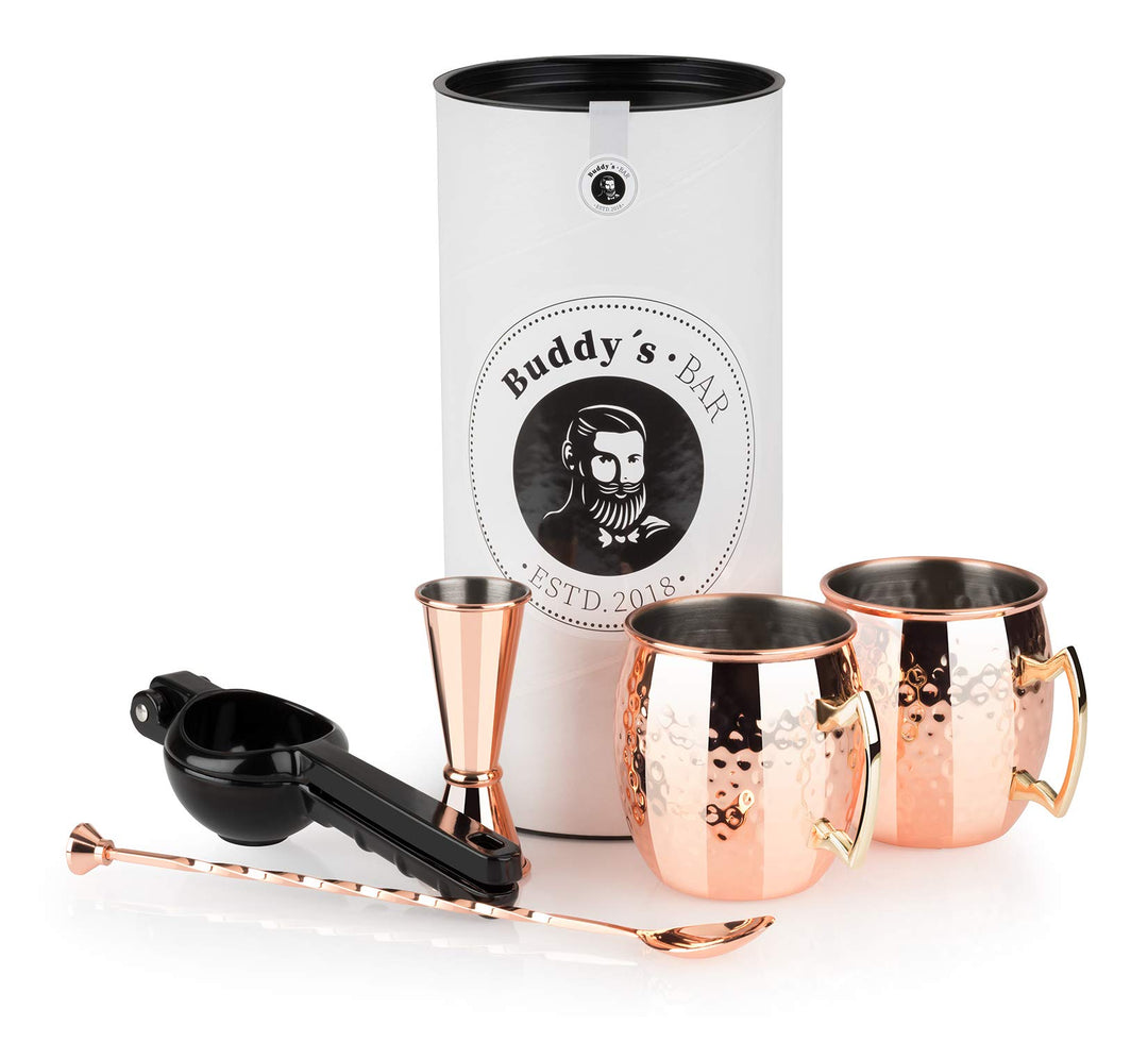 Buddy´s Bar - Moscow Mule Komplett Set, 2 x 500 ml Cocktail-Becher, 27 cm Barlöffel, 5 cl Barmass &