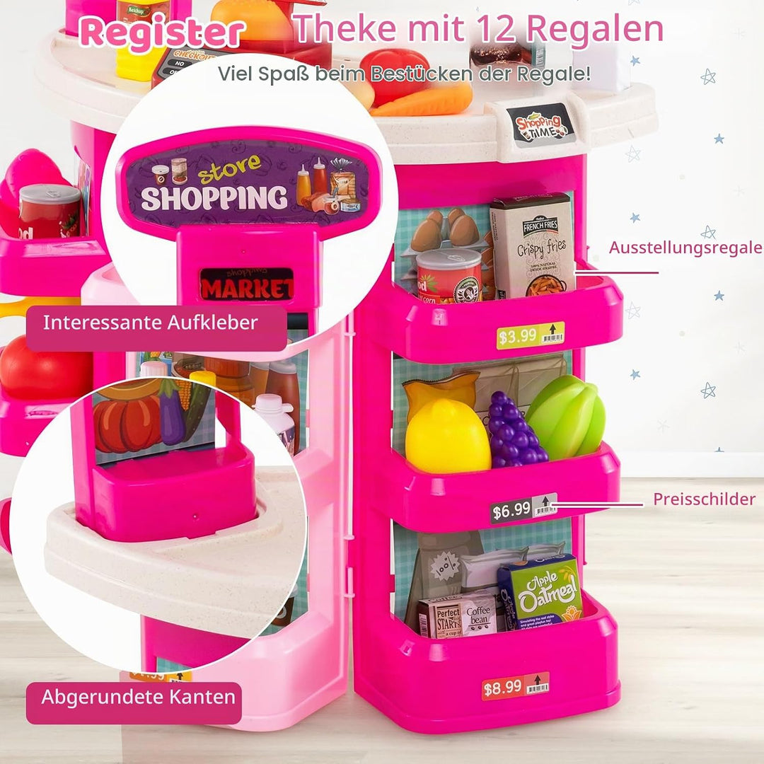 HOMASIS Supermarkt mit Einkaufswagen &amp; 29 Zubehör, Kaufladen mit Licht &amp; Sound, Kaufmannsladen mit K
