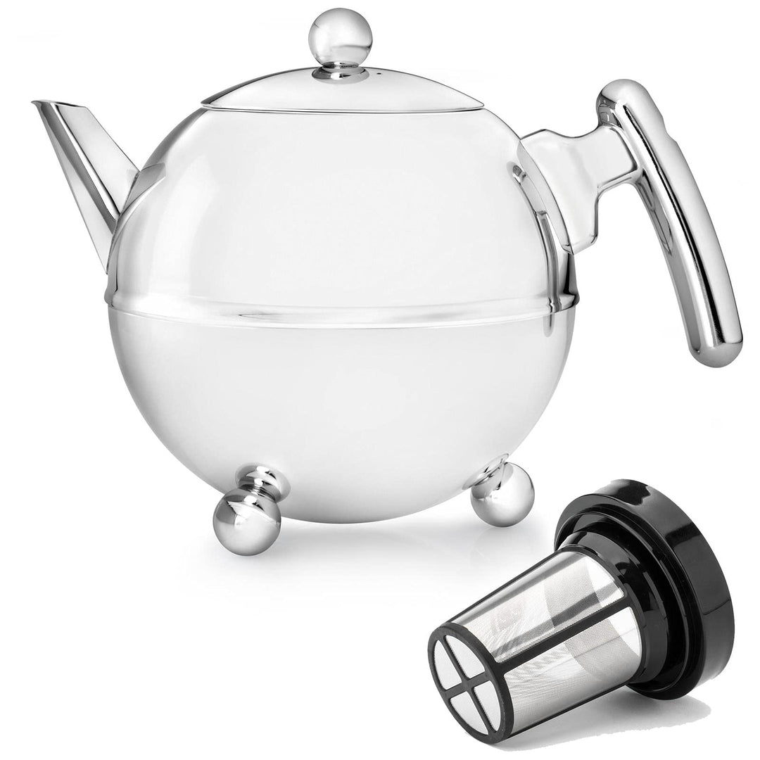 Teekanne Set 1.2 Liter - Edelstahl doppelwandig Chromfarben - Grosse Edelstahlteekanne mit Deckel mi