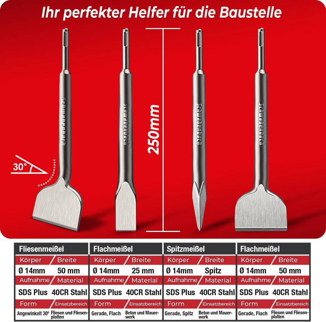 SCHWABENBACH® SDS PLUS Meissel Set 4tlg. 250mm - Flachmeissel 25mm + 50mm + Fliesenmeissel 50mm (Abg
