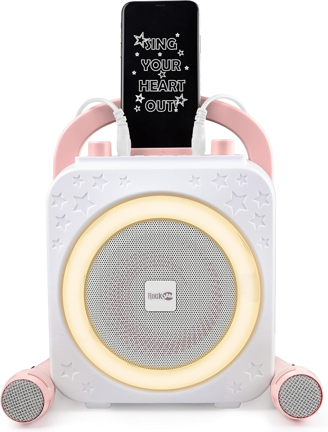 RockJam Ring Bluetooth Karaoke Machine with Two Mics Rose Gold Ring Light & Disco Light