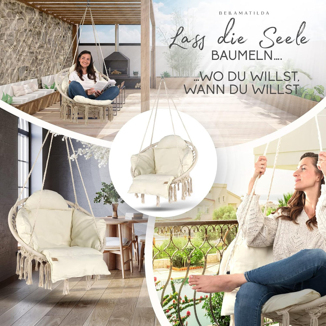 BELLAMATILDA® Hängesessel mit XXXL Kissen 100% Baumwolle | Weicher Hängestuhl Outdoor &amp; Indoor | Hän