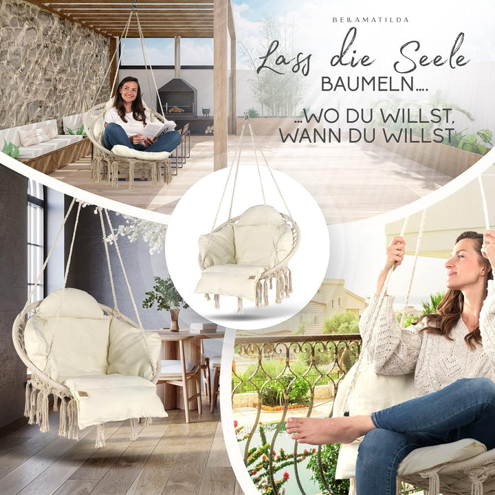 BELLAMATILDA® Hängesessel mit XXXL Kissen 100% Baumwolle | Weicher Hängestuhl Outdoor &amp; Indoor | Hän
