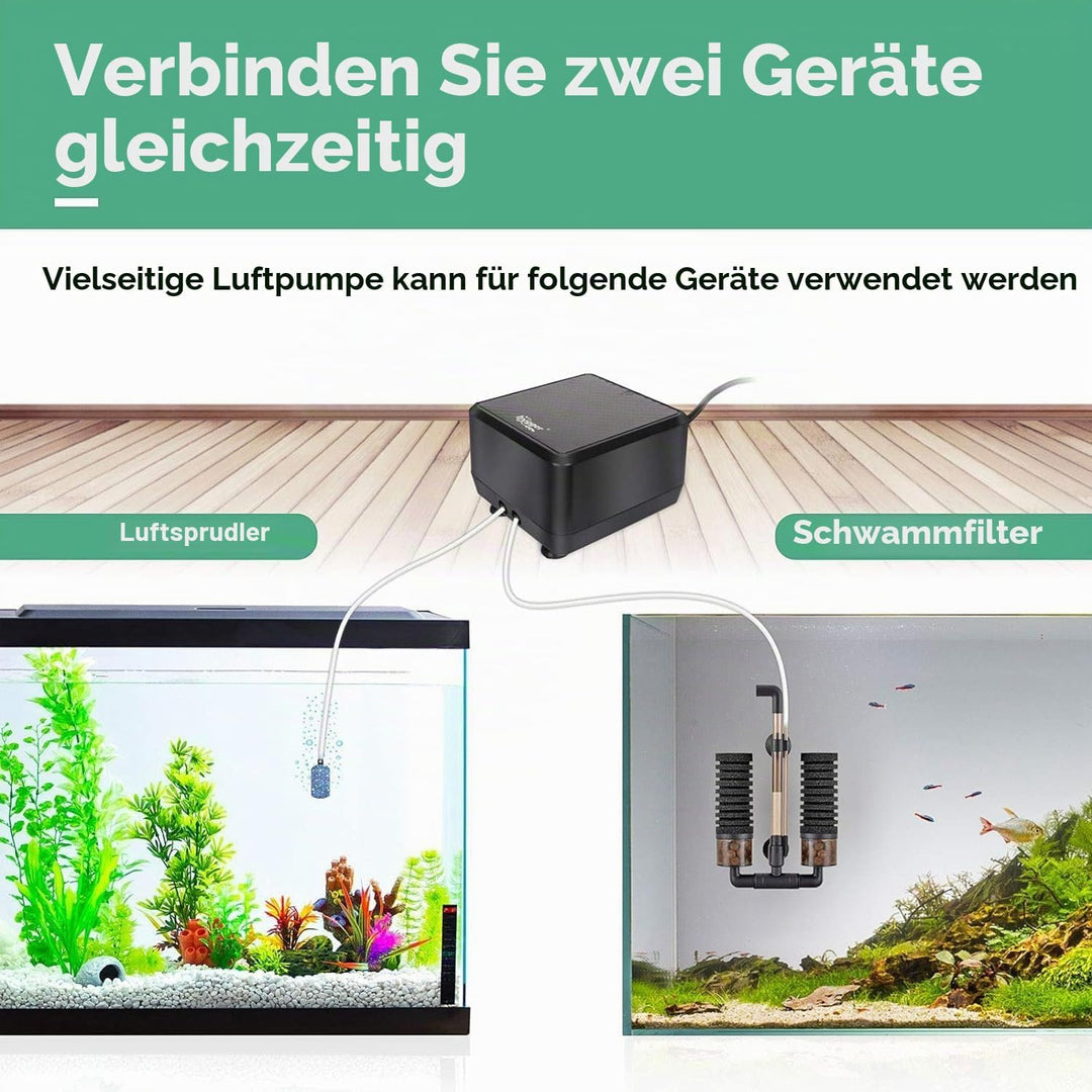 hygger Leiseste Aquarium Luftpumpe, regelbare Sauerstoffpumpe 2 Luftauslässe 5W/10W Ultra Leise Leis