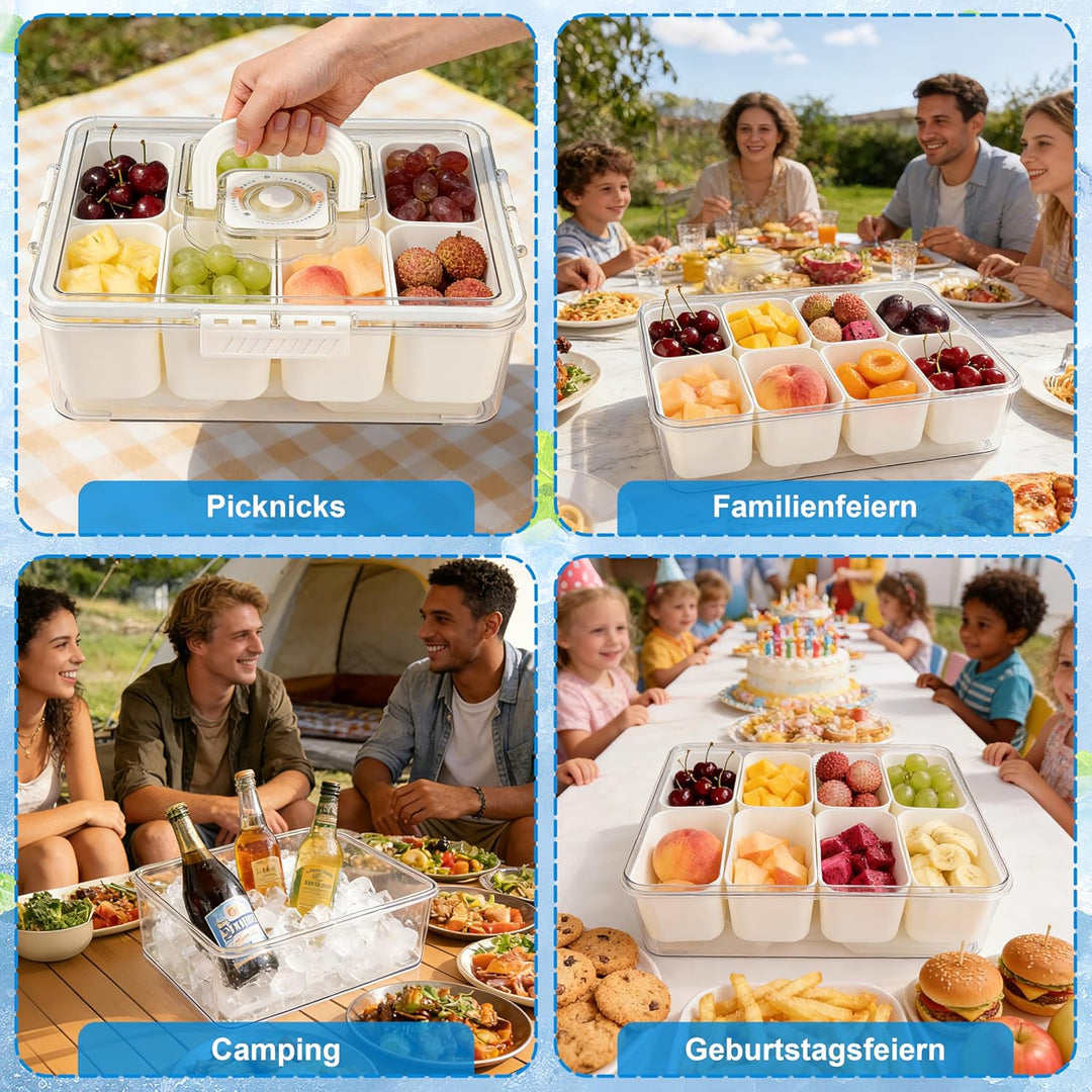 IEEILULU Snackbox mit 8 Fächern und Abtropfboden für Obst, Snacks, Saucen usw, Snackteller mit Fäche