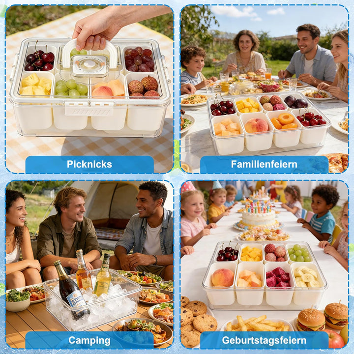 IEEILULU Snackbox mit 8 Fächern und Abtropfboden für Obst, Snacks, Saucen usw, Snackteller mit Fäche