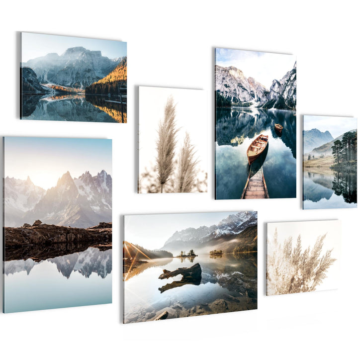 Novart Wandbilder See Berge Blau - KOMPLETT AUFHÄNGFERTIG - Natur Wohnzimmer Schlafzimmer Flur - 7 M