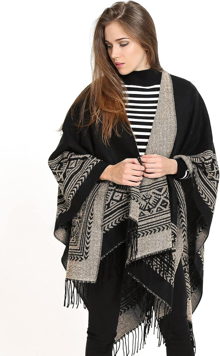 Superora Damen Poncho Cape Umhängetuch Stola Strick-Pullover Karierte Deckenschal Sweatshirt Schal m