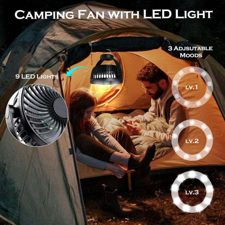 Hianjoo Kinderwagen Ventilator mit LED Leicht, 5200mAh Kleiner Tischventilator Camping Ventilator, 3