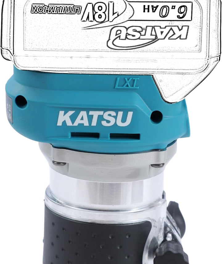KATSU FIT-BAT 18V/21V Brushless Akku-Oberfräse Holzfräse Kantenfräse mit Trimmer-Basis, 3 Spannzange