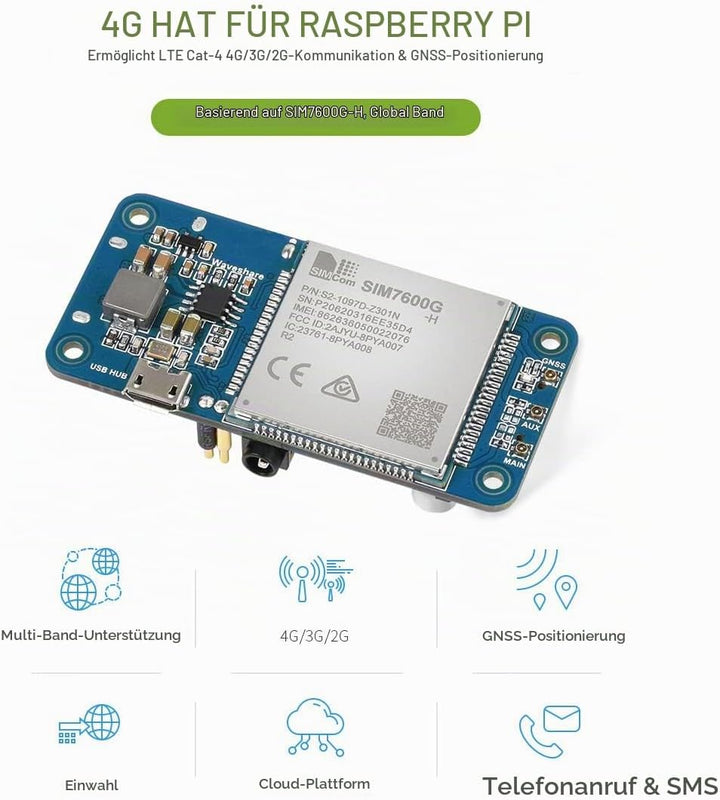 Waveshare SIM7600G-H 4G HAT (B) for Raspberry Pi Supports LTE Cat-4 4G/3G/2G GNSS Positioning Global