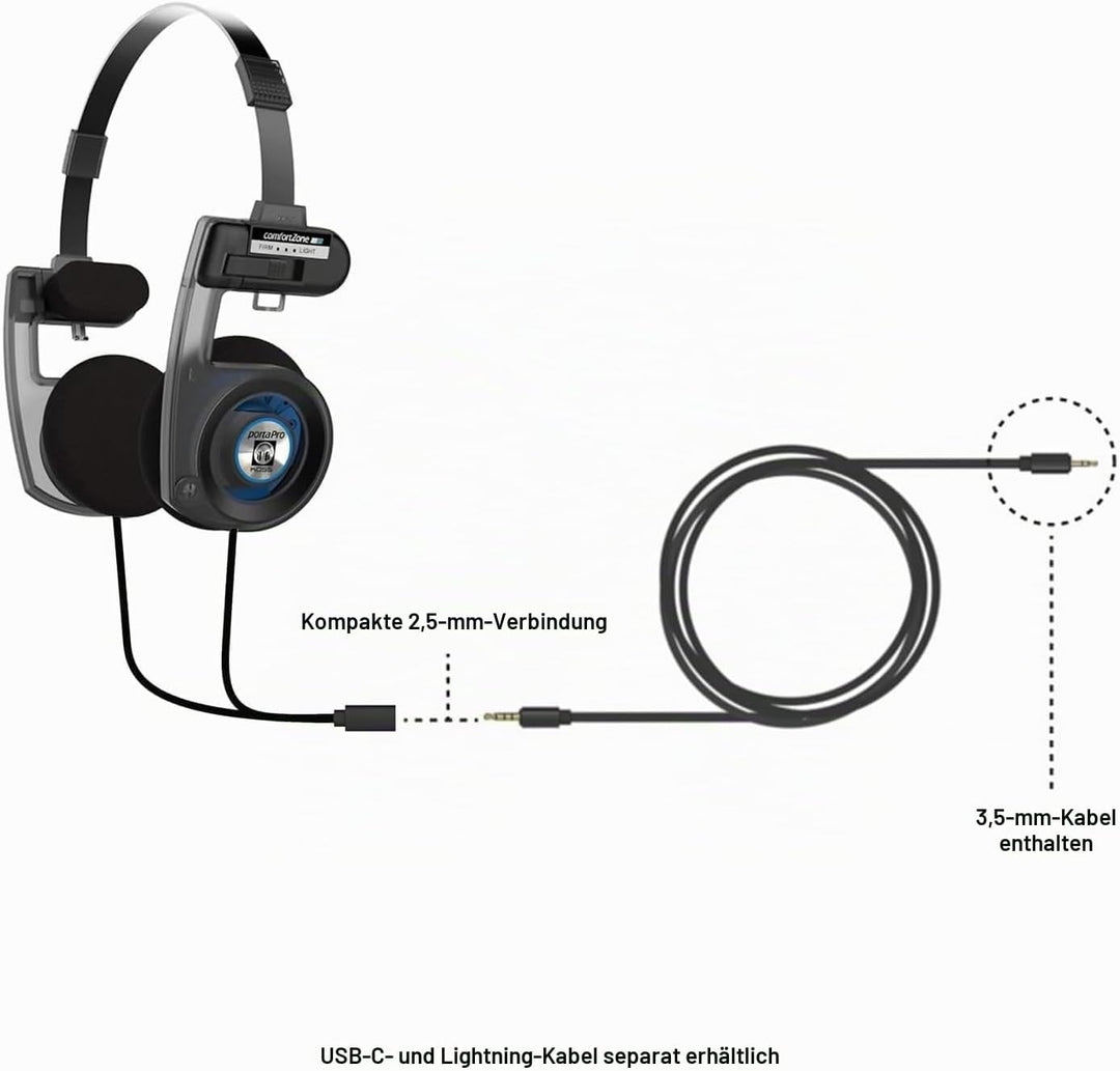Koss Porta Pro Utility On-Ear-Kopfhörer, abnehmbares austauschbares Kabelsystem, zusammenklappbares