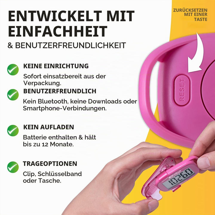 3DFitBud Einfacher Schrittzähler Walking 3D Schrittzähler mit Clip und Umhängeband, A420S Pink, Pink
