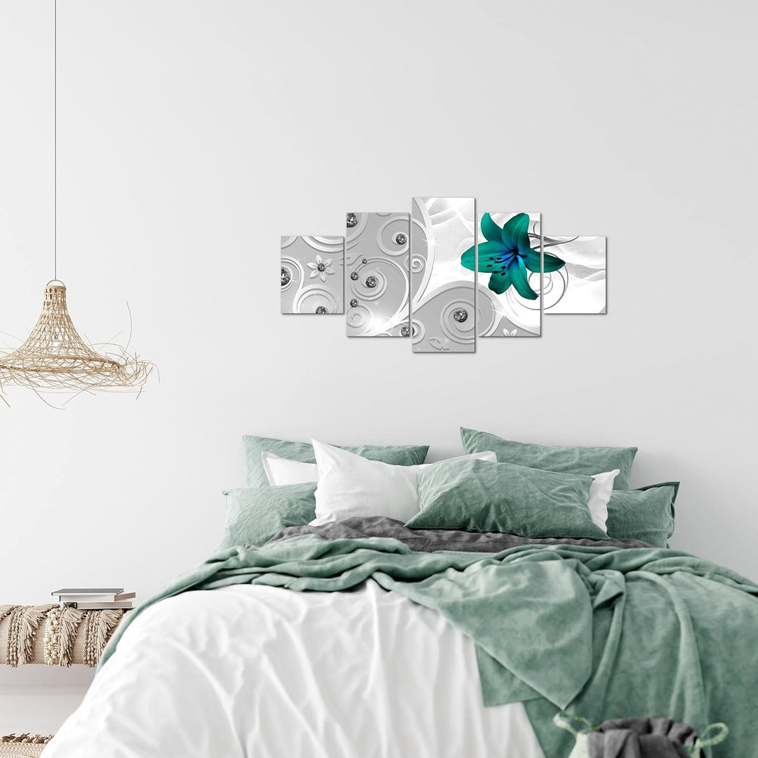 Runa Art Wandbilder Blumen Lilie 5 Teilig Bild auf Vlies Leinwand Deko Wohnzimmer Ornament Silber Gr