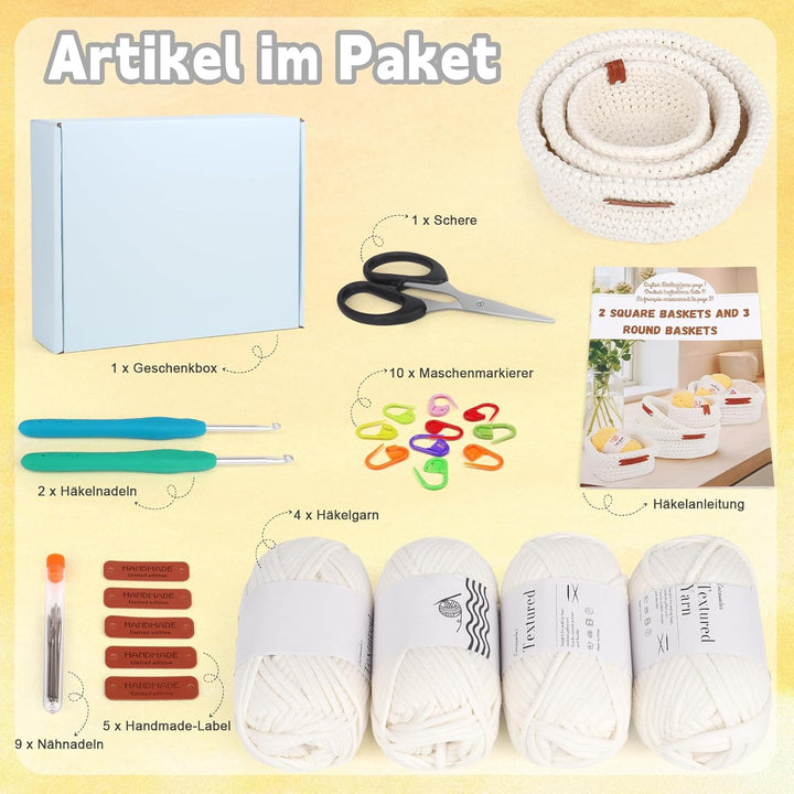 Coopay Häkelset für Anfänger – 3 Grössen – runde Körbe – mit Anleitung – DIY mit Wolle, lernen Häkel