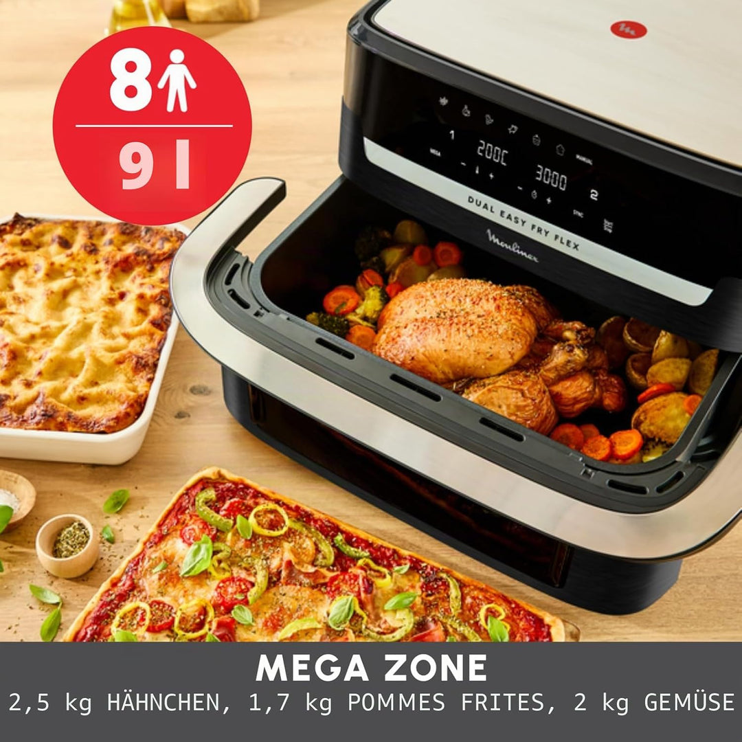 Moulinex Dual Easy Fry Flex, Luftfritteuse mit FlexCook Trennwand, 9 l Fassungsvermögen für bis zu 8