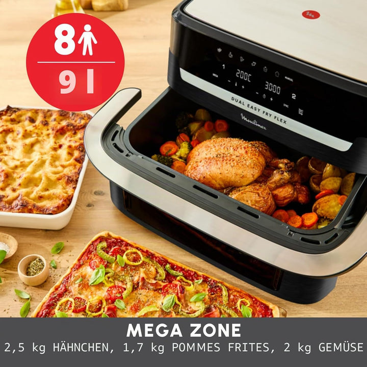 Moulinex Dual Easy Fry Flex, Luftfritteuse mit FlexCook Trennwand, 9 l Fassungsvermögen für bis zu 8