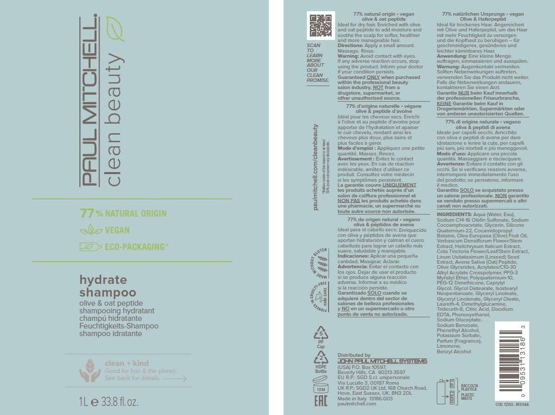 Paul Mitchell Clean Beauty Hydrate Shampoo – Reichhaltige Haar-Wäsche Mit Oliven-Öl, Feuchtigkeitssp