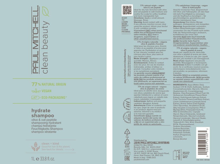 Paul Mitchell Clean Beauty Hydrate Shampoo – Reichhaltige Haar-Wäsche Mit Oliven-Öl, Feuchtigkeitssp