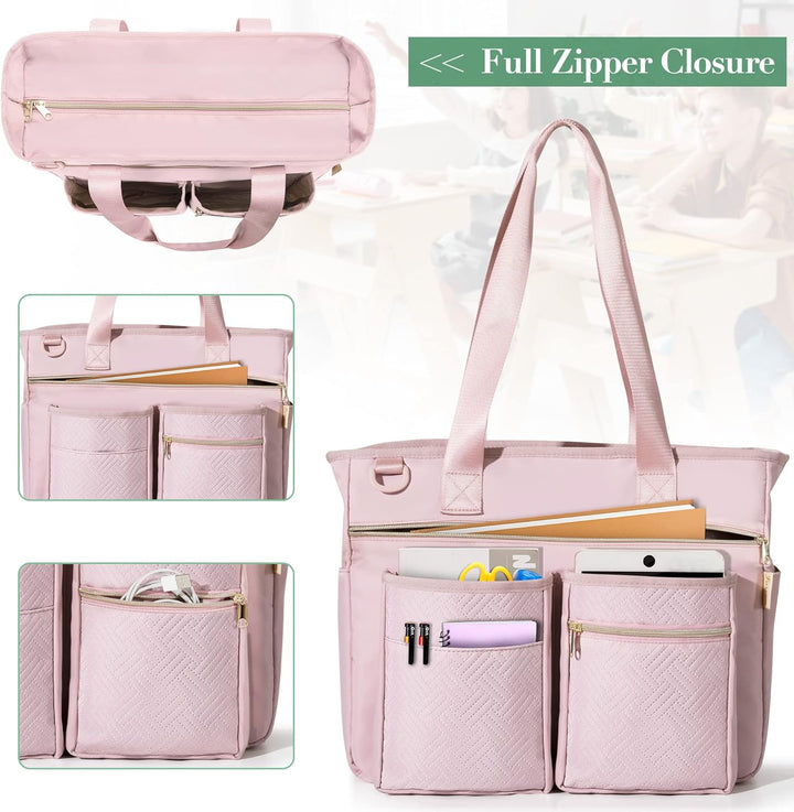 Fasrom Teacher Arbeitstasche mit Fächern für Laptop, Grosse Laptoptasche für Lehrer Rosa, Rosa