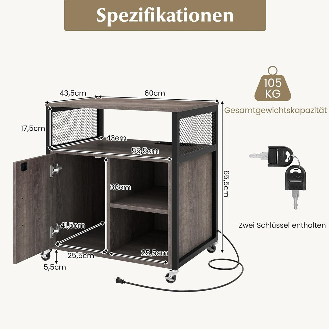 FANTASK Büroschrank auf Rollen, Aktenschrank mit Ladestation, Kabelmanagement & abschliessbaren Räde