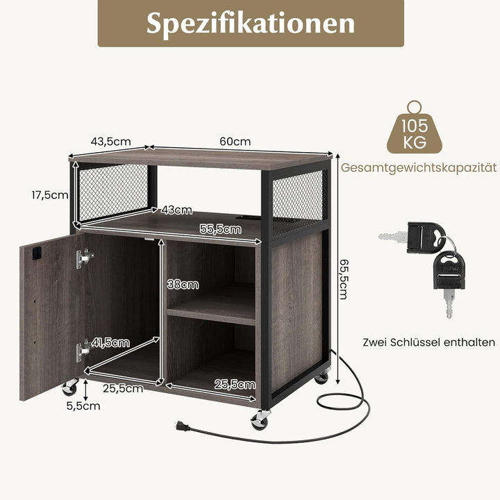 FANTASK Büroschrank auf Rollen, Aktenschrank mit Ladestation, Kabelmanagement & abschliessbaren Räde