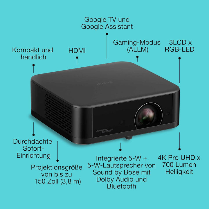 Epson Lifestudio Pop EF-62B Metallic-Schwarz, tragbarer Smart-Projektor, Sound by Bose, Google TV, 4