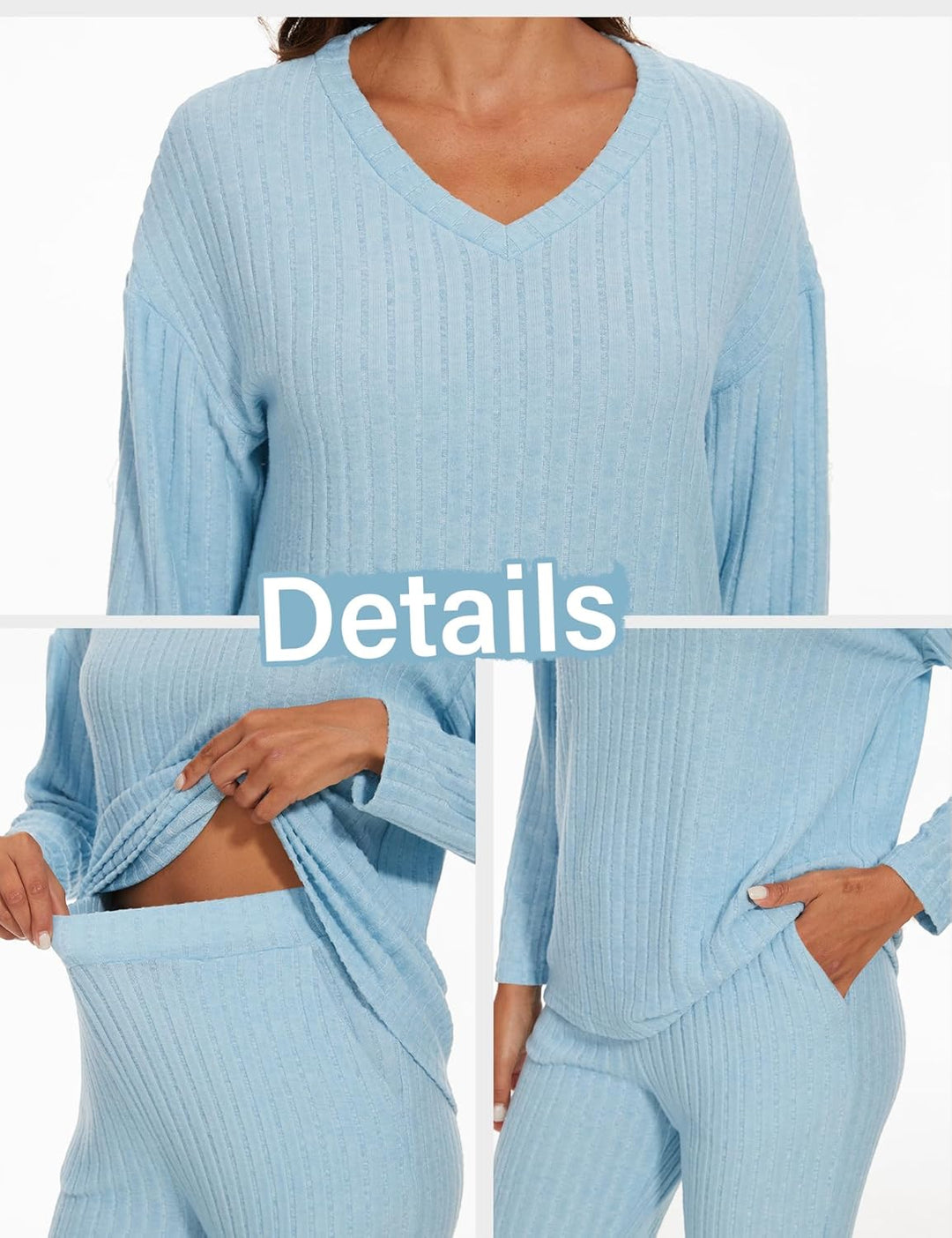 Schlafanzug Damen Lang Zweiteiler Nachtwäsche Set Warm Pyjama mit V-Ausschnitt Top und Hosen mit Tas