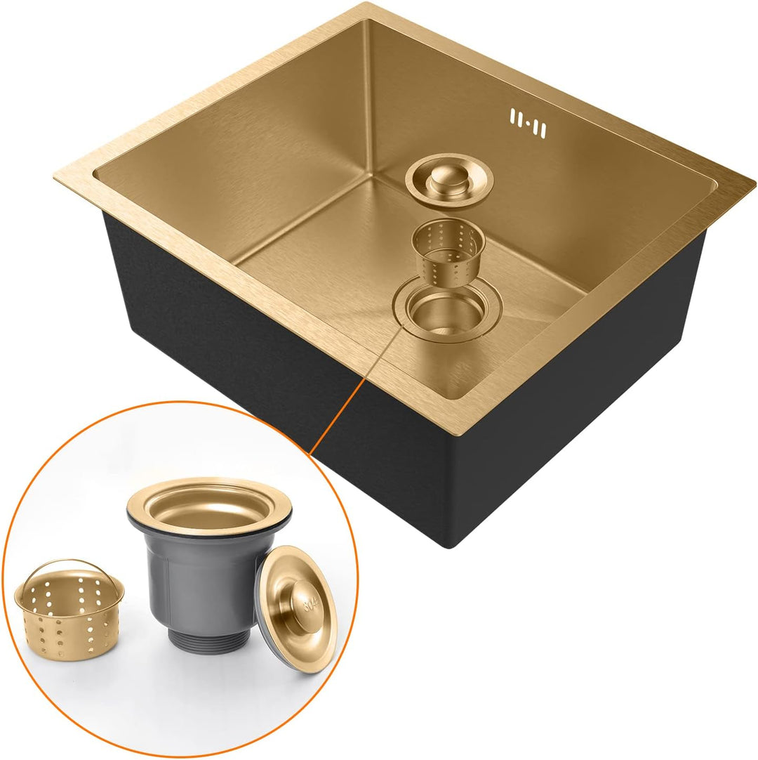 Ibergrif M85043G Küchenspüle 50 x 43 cm, Unterbauspüle mit Ablauffilter, Edelstahl Gold, Gold
