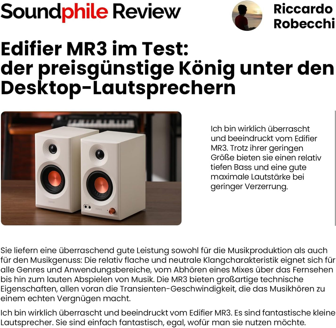 Edifier MR3 Kompakter Studio-Lautsprecher 2.0, Hi-Res Audio, Bluetooth V5.4, physikalische Steuerung
