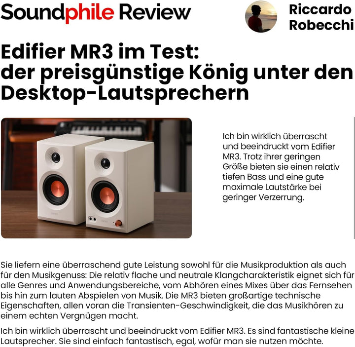 Edifier MR3 Kompakter Studio-Lautsprecher 2.0, Hi-Res Audio, Bluetooth V5.4, physikalische Steuerung