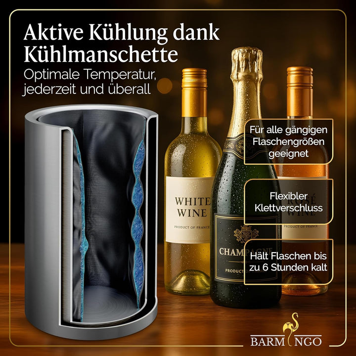 Weinkühler Edelstahl mit 2 Kühlakkus – Getränkekühler & Flaschenkühler für Wein, Sekt, Champagner |