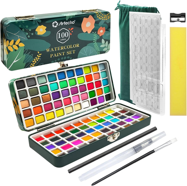 Artecho Aquarellfarben Set 100 Farben in Tragbarer Box mit Aquarellpapier A4 300g 40 Blatt mit Aquar