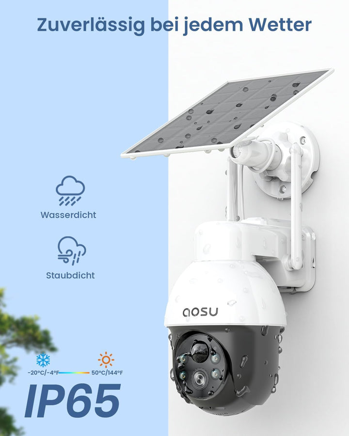 AOSU 2K Solar Überwachungskamera Aussen Akku, Kamera Outdoor mit 360°-Überwachung, Automatischer Per