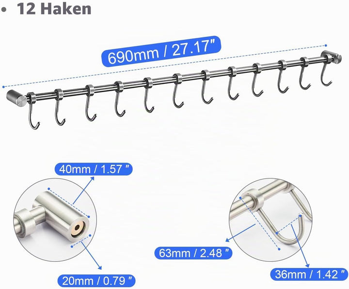 Geschirr hängende Rack mit 12 abnehmbaren Haken, Edelstahl Küche Schiene Pfanne Hanger Wandmontage O