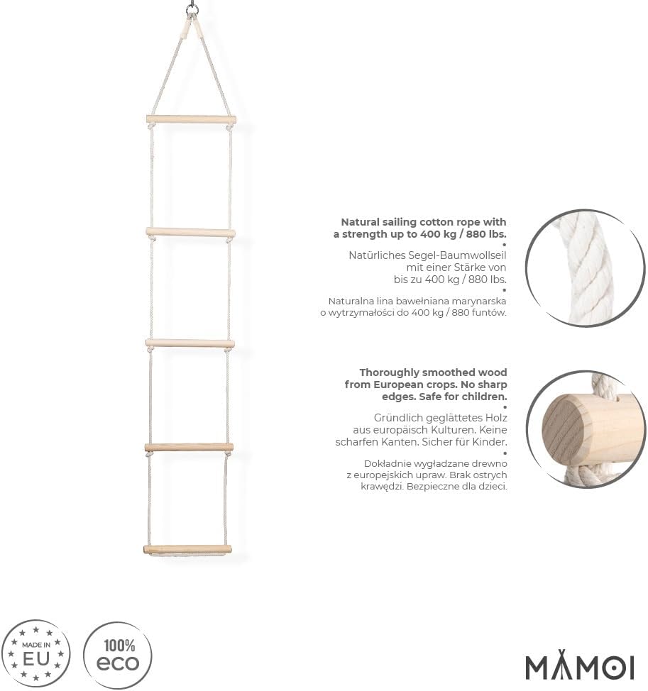 MAMOI® Strickleiter/Dreieck Hänge Leiter, Nachhaltig Hängeleiter aus natürlichem Holz und Baumwollko