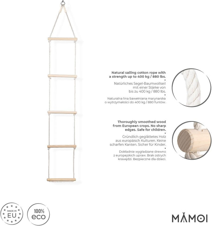 MAMOI® Strickleiter/Dreieck Hänge Leiter, Nachhaltig Hängeleiter aus natürlichem Holz und Baumwollko