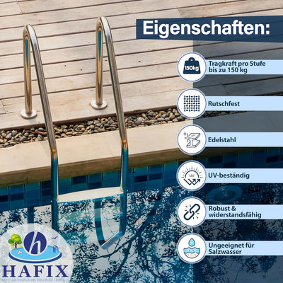 HAFIX Poolleiter für den Pool aus 3 Stufen, Schwimmbadleiter aus Edelstahl in Silber, Sicherheitslei