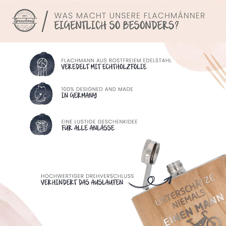 Spruchreif | Gravierter Edelstahl Flachmann | Holz Flachmann mit Gravur E-Bike | Outdoor Geschenk |