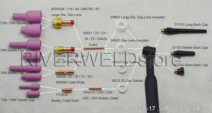 RIVERWELD TIG - Gasspiegel - Kollektorgehäuse 45V, 10N Aluminiumoxid - Düsen, Keramikkelche 54N Sort